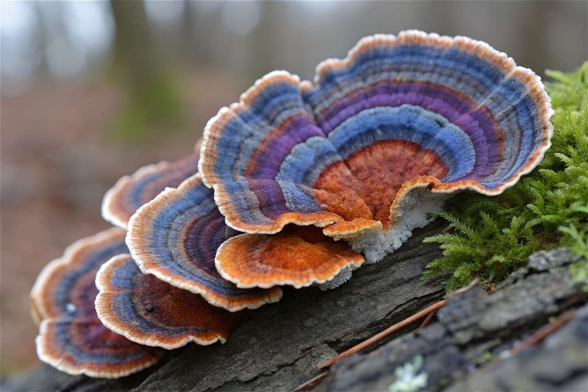Turkey Tail fruiting bodies cultivating on native hardwood logs in Yorkshire