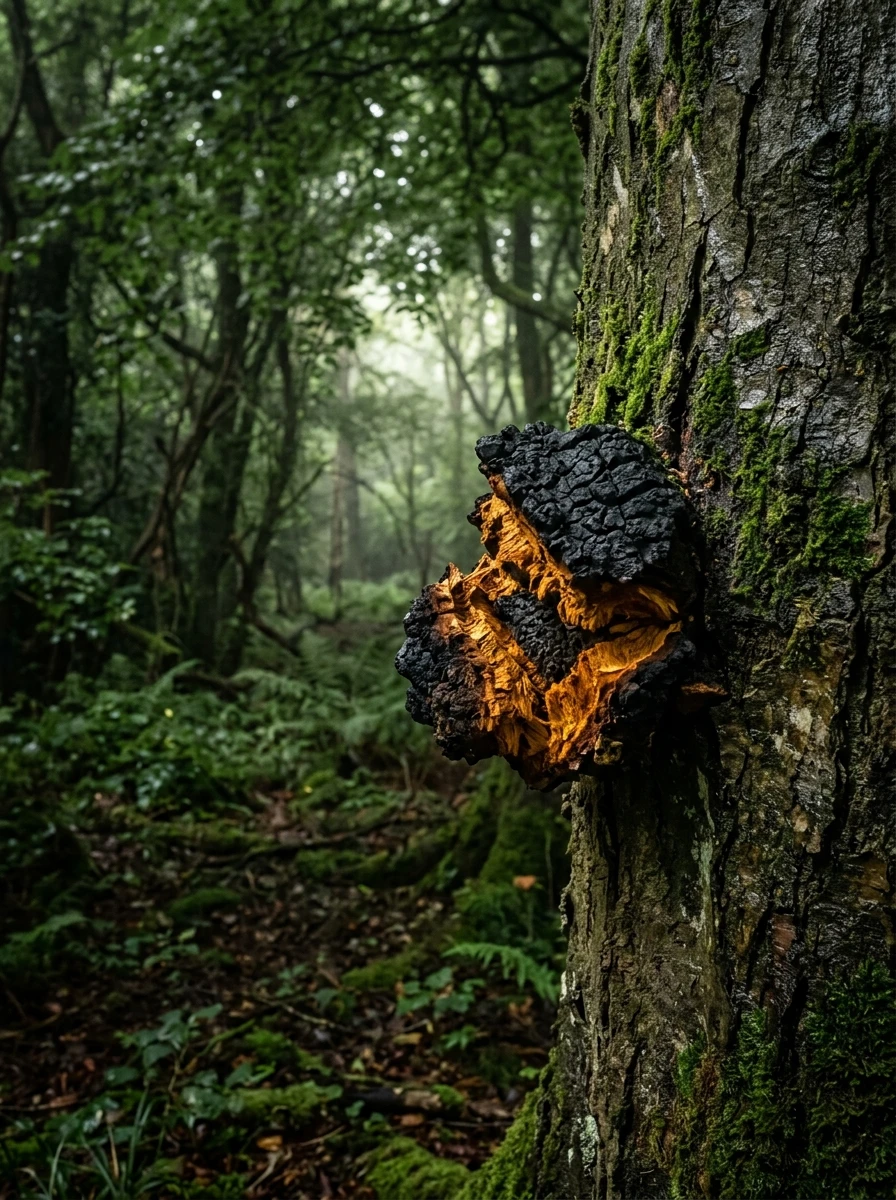 Wild Chaga conk growing on mature beech hardwood bark in North Yorkshire woodland