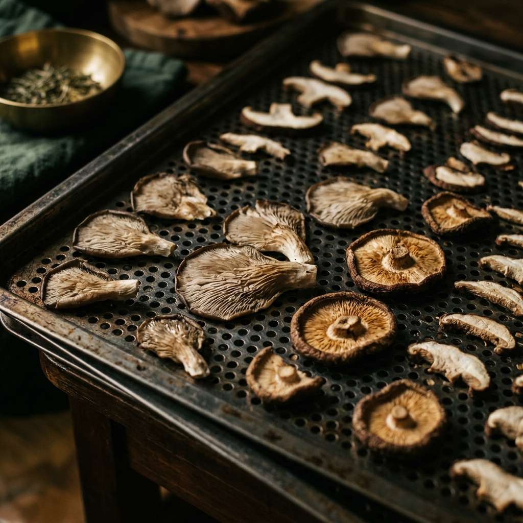 Whole fruiting body medicinal mushrooms undergoing gentle low-temperature dehydration